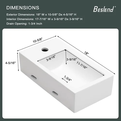Miniatura 7 de Fregadero rectangular pequeño de 18 x 10 pulgadas, fregadero rectangular de cerámica de porcelana blanca con orificio de grifo único para colgar