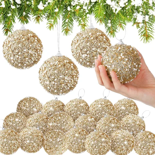 Miniatura 18 de Lyrow 24 piezas 3.15" Juego de adornos de bola de Navidad con purpurina, bola de espuma con lentejuelas colgante, decorativa, en masa, para árbol