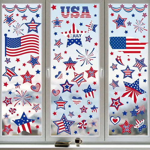 Miniatura 4 de Decoraciones patrióticas para ventanas del 4 de julio, 9 hojas de calcomanías de ventana de bandera estadounidense para ventanas de vidrio