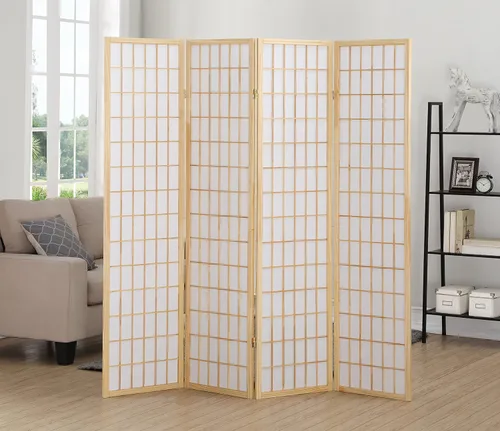 Roundhill Furniture Oriental Shoji, divisor de habitación con pantalla de 4 paneles, natural