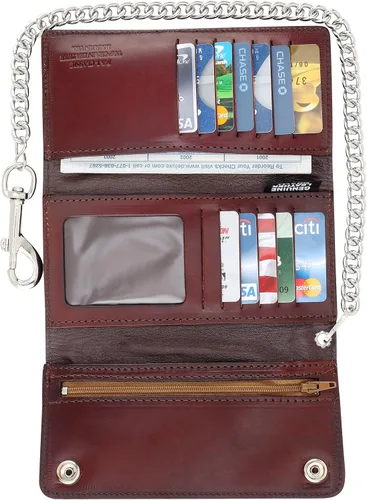 Miniatura 6 de RFID bloqueo de tres pliegues vintage de cuero de vaca de estilo largo con cadena tarjetero cartera, hecho en Estados Unidos