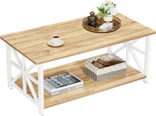 Miniatura 11 de GreenForest - Mesa de café con esquina redonda, mesa central de granja con estante de almacenamiento de 2 niveles y diseño de marco en X para sala