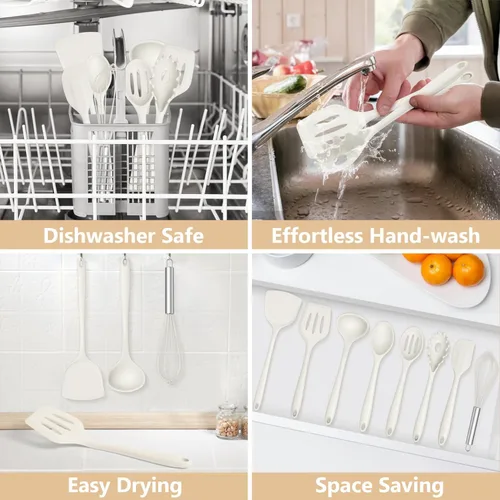 Miniatura 6 de TeamFar Juego de utensilios de cocina de silicona, 8 piezas, resistente al calor de 446 °F, espátula, cuchara, batidor, utensilios de cocina Blanco