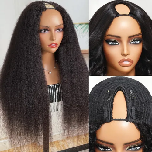 Miniatura 3 de UNICE - Peluca de cabello humano lacio tipo afro con parte en V, sin pegamento, con parte en U mejorada, con pinzas de máquina, sin mechones fuera