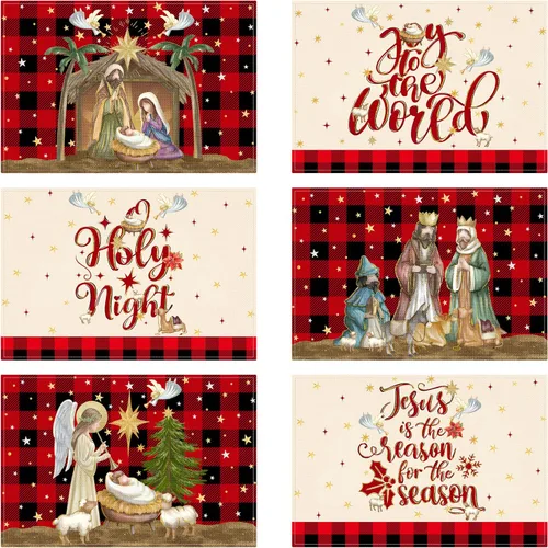 Miniatura 9 de Juego de 6 manteles individuales de Navidad, manteles de mesa a cuadros de búfalo para Navidad Feliz, tapete de cocina para mesa de comedor, tapete