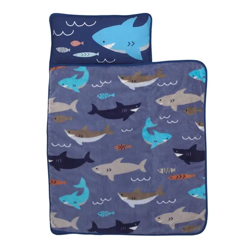 Miniatura 2 de Everything Kids Tapete para siesta de tiburón azul y gris con almohada y manta, gris, azul, azul marino, naranja Tiburón - Azul/Gr
