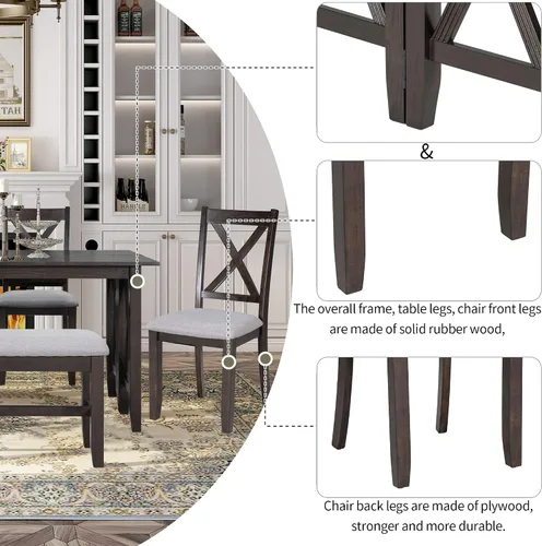 Miniatura 5 de Merax Juego de mesa de comedor de 6 piezas, mesa plegable de madera de 60 pulgadas con 4 sillas tapizadas y banco, juego de mesa de comedor