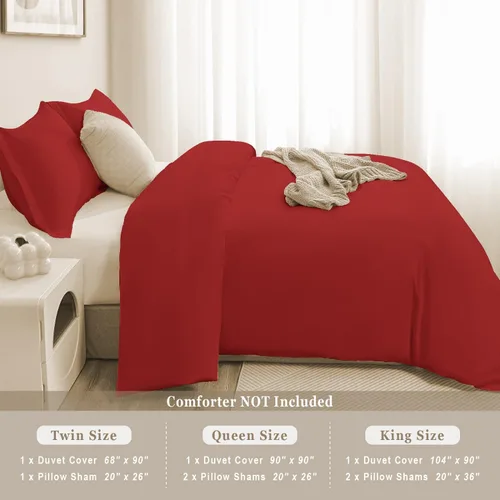 Miniatura 7 de Juego de funda de edredón 100% algodón, cierre de cremallera oculto, ultra suave, fácil de cuidar y duradero, estilo de cama simple, Queen, rojo