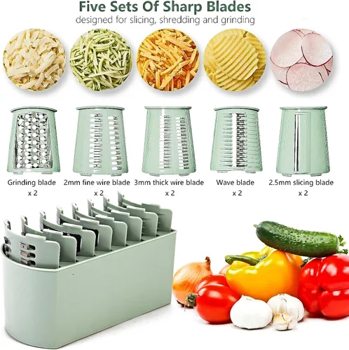 Miniatura 4 de Rallador de queso giratorio con mango: rallador de queso 5 en 1, manivela de mano, base de succión fuerte para frutas y verduras, nueces con caja