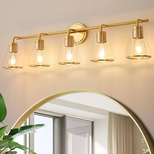 Miniatura 14 de Accesorios de iluminación de baño sobre espejo Luces de tocador doradas de 2 luces con pantalla de vidrio transparente de 14 pulgadas Luces