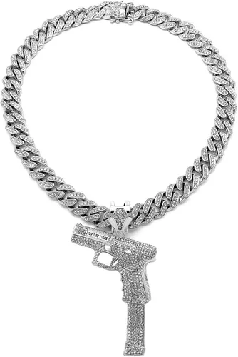 Miniatura 5 de Pyramid Jeweler Colgante de pistola de oro o plata para hombre Hip Hop y cadena de gargantilla cubana de Miami de 0.472in, Metal, Circonia cúbica