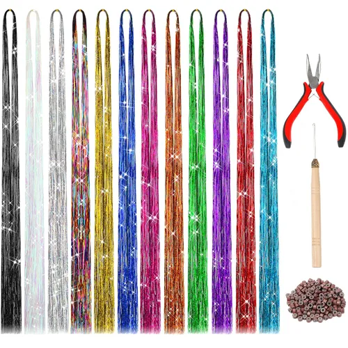 FEBSNOW Carámbanos de oropel de Navidad de 2400 hebras, carámbano de lámina de Mylar con purpurina de 47 pulgadas para árbol de Navidad, 12 colores
