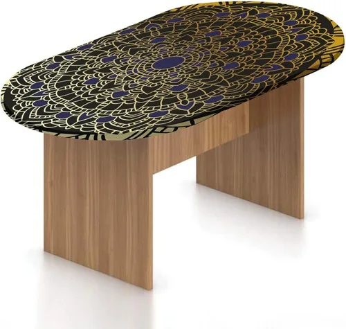XISUNYA Mantel ovalado ajustable de poliéster elástico con mandala dorada, mantel redondo vintage con estampado de loto, se adapta a mesas ovaladas
