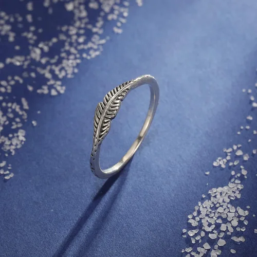 Miniatura 6 de AVECON Anillo simple de plumas de plata de ley 925 para mujer, anillo apilable vintage, talla 5
