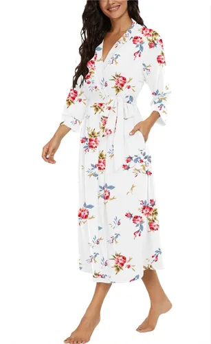 Miniatura 2 de VINTATRE Bata tipo kimono para mujer, bata larga de punto, ligera, suave, ropa de dormir con cuello en V, casual, ropa de descanso para mujer