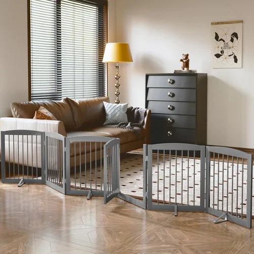 PUPETPO Puertas independientes para mascotas con puerta de paso, valla interior para perros, puerta para perros para la casa, puerta, escaleras, Gris