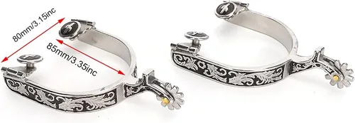 Miniatura 6 de Espuelas de caballo, 1 par de espuelas de bola de rodillo de 3.35 x 3.15 pulgadas, acero inoxidable plateado grabado, estilo espuelas de caballo