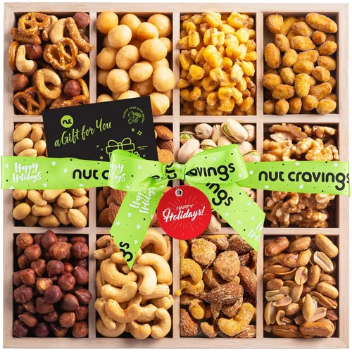 Miniatura 10 de NUT CRAVINGS - Cesta de regalo de nueces mixtas en bandeja de madera de diamante reutilizable + cinta verde (12 surtidos) golosinas para adultos