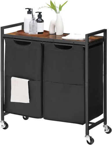 Miniatura 7 de HOOBRO Cesta de lavandería, clasificador de ropa sucia de 2 secciones, 2 × 13 galones (49.5 L), cesta de lavandería con ruedas, carrito rodante