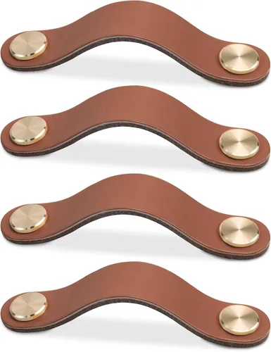 Miniatura 25 de Paquete de 4 tiradores de cuero para cajones, color beige, pomos de puerta de armario de 3.7 pulgadas, tiradores de piel sintética para tocador
