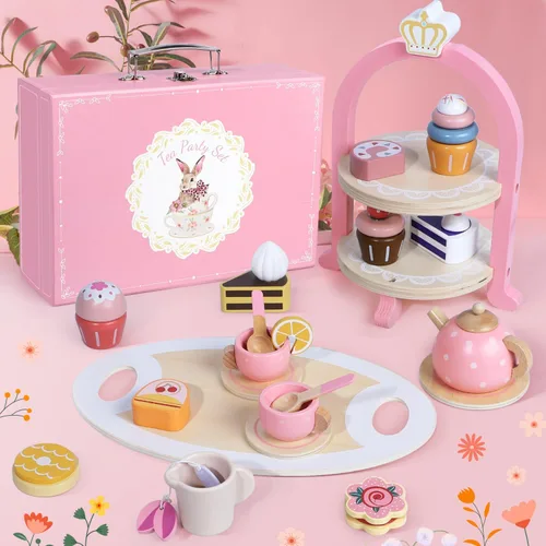 Miniatura 6 de Juego de fiesta de té de madera para niñas pequeñas, regalos para niñas pequeñas, juguetes de la hora del té de princesa, juego de té de madera