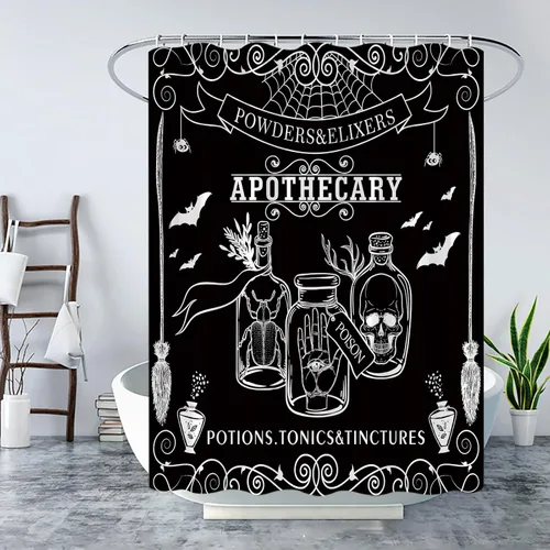 Miniatura 3 de Cortina de ducha espeluznante de Halloween, alquimia negra, bruja del mundo mágico, calabaza, brujería, calavera de terror, fantasmas espeluznantes