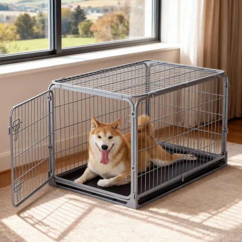 Miniatura 5 de ZOMISIA Jaula plegable para perros medianos, 36 pulgadas, a prueba de escapes, de metal, con doble puerta, fácil montaje, jaula plegable para perros