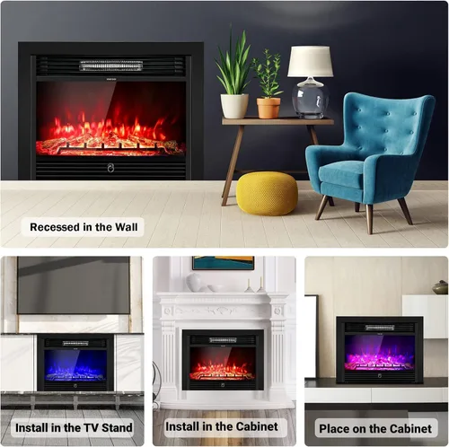 Miniatura 4 de COSTWAY - Insertos de chimenea eléctrica de 28.5 pulgadas de ancho, 750 W/1500 W, chimenea empotrada y de pie en la pared, con 3 colores de llama, 5