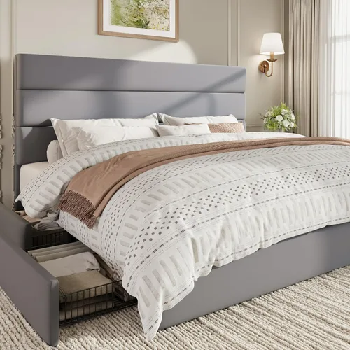Miniatura 10 de SHA CERLIN Base de cama de plataforma de tamaño matrimonial con 4 cajones de almacenamiento, cabecera tapizada de terciopelo, base de colchón
