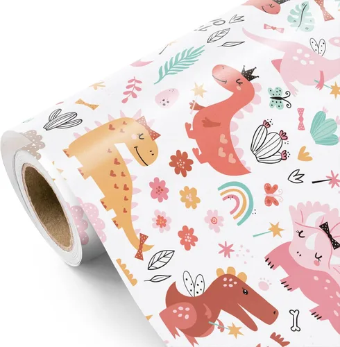Miniatura 7 de WRAPAHOLIC - Rollo de papel de regalo de dinosaurio - Rollo mini - 17 pulgadas x 33 pies - Papel de regalo de dinosaurio verde, perfecto