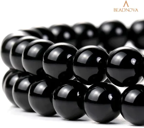 Miniatura 3 de Cuentas de ónix negro BEADNOVA con cuentas de cristal natural, piedras preciosas, redondas, sueltas, curativas de energía con cordón elástico de 01)