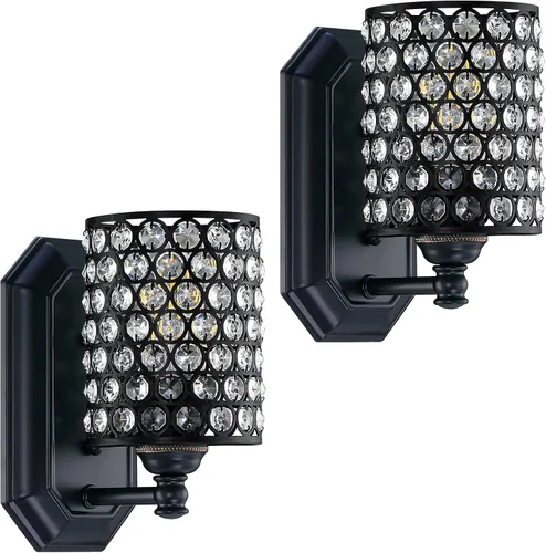 Paquete de 2 lámparas de pared de cristal con acabado negro, lámpara de pared de estilo conciso moderno, pantalla de cristal poliédrico para baño,
