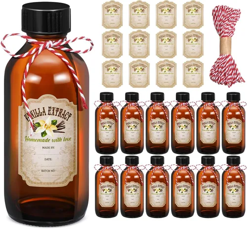 Uiifan Paquete de 12 Botellas de Vidrio Ámbar Redondas Boston con Tapas Frascos Marrones de Extracto de Vainilla y 12 Piezas de Etiquetas de