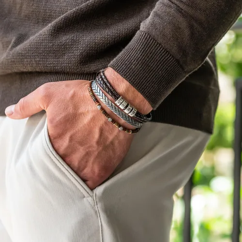 Miniatura 5 de Sett&Co - Personalized "Quest" BrownBlack Leather Bracelet With Up To 7 Custom Beads With Inscription - Sterling Silver 0.925, 18K Gold Plated