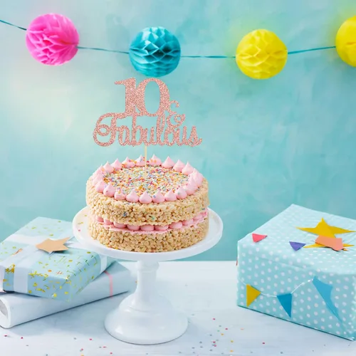 Miniatura 7 de Gyufise 1 decoración de pastel de 10 y fabulosa decoración de pastel de oro rosa con purpurina de diez y fabulosos adornos para tartas de feliz 10º