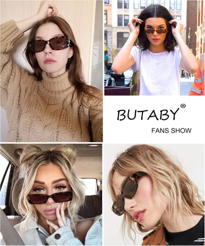 Miniatura 6 de BUTABY Gafas de sol rectangular para mujer retro, gafas de conducción, gafas de los años 90, vintage, marco estrecho cuadrado, protección UV400