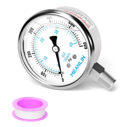 Miniatura 18 de MEANLIN MEASURE Medidor de presión de acero inoxidable relleno de líquido de 0 ~ 100 psi con junta de acero inoxidable 316, esfera de cara NPT