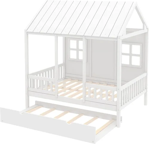 Miniatura 7 de Harper & Bright Designs Cama matrimonial con nido de tamaño individual, cama de madera de tamaño matrimonial con techo, ventanas y valla, marco