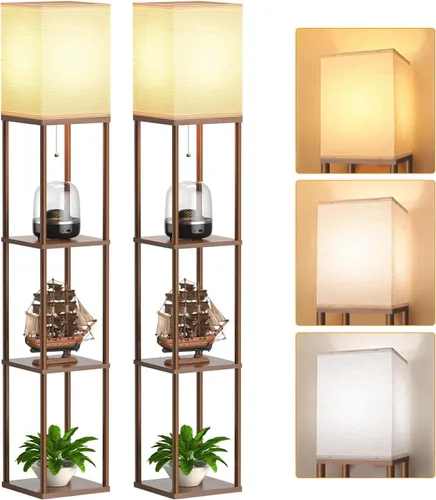 Miniatura 13 de Lámpara de pie con estantes para sala de estar, paquete de 2, lámpara de pie con 3 bombillas LED CCT, lámpara de columna de pie, organizador