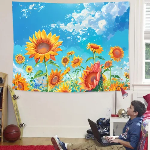 Miniatura 3 de WODEJIAFANG Tapiz estético de tela para pared, tapiz decorativo de girasol, fondo de oficina, divisor de habitación para dormitorio, jardín al aire