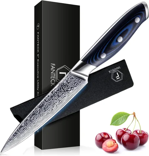 Miniatura 11 de FANTECK Santoku Cuchillo de cocina de acero japonés de Damasco de 5 pulgadas, VG10 de 67 capas de alto carbono, espiga completa, cuchillos Santoku