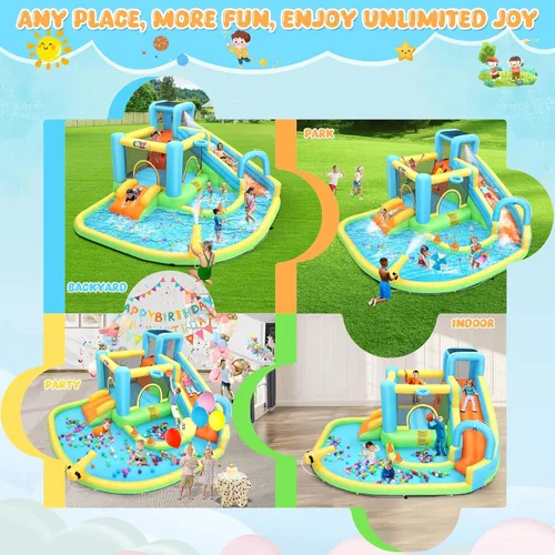 Miniatura 6 de Whubefy Tobogán acuático inflable de casa de rebote, parque acuático de 14.1 x 11.8 x 6.8 pies para niños, casa de salto todo en 1 con toboganes