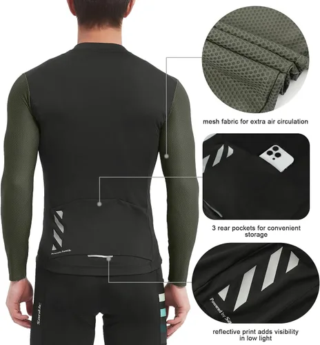 Miniatura 11 de Santic - Camiseta de ciclismo para hombre, manga larga, reflejante, cremallera completa, con bolsillos