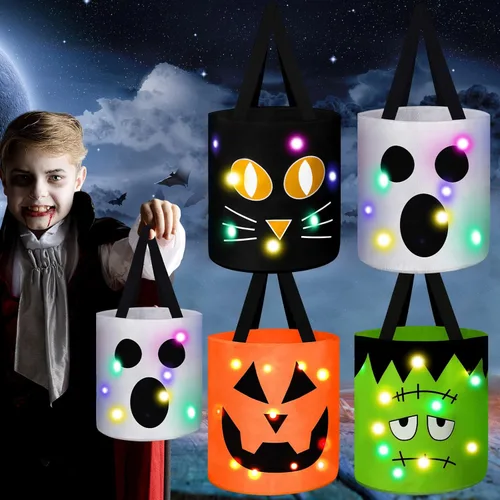 Miniatura 10 de Yaomiao 4 cubos de Halloween para niños con luz LED para dulces de calabaza, cestas de regalo reutilizables para suministros de fiesta (colorido)