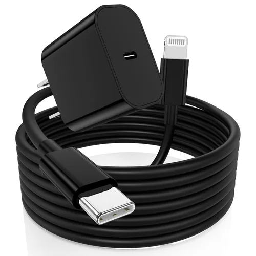 Cargador rápido para iPhone, bloque de cargador de pared USB C y cable de carga de 10 pies tipo C a Lightning largo, adaptador de caja de ladrillo