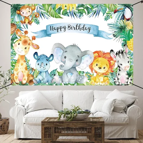 Miniatura 9 de Renaiss Cartel de feliz cumpleaños de 6 x 3.6 pies, decoración de fiesta infantil de animales salvajes de safari, selva tropical, decoración