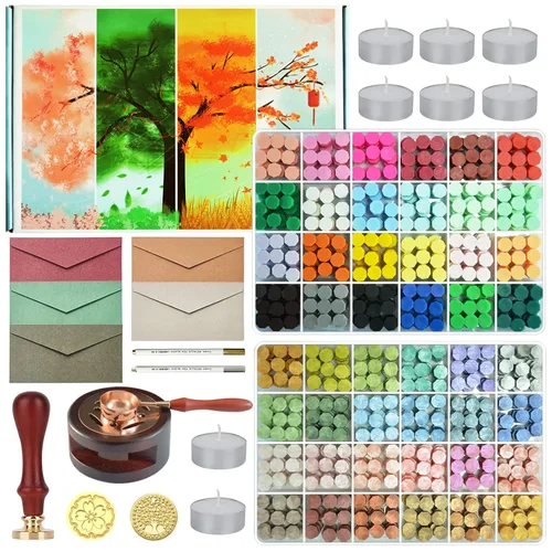 Kit de sellos de cera con caja de regalo, 48 colores, 1200 piezas de cuentas de cera de sellado con 2 piezas de sellos, calentador, cuchara,