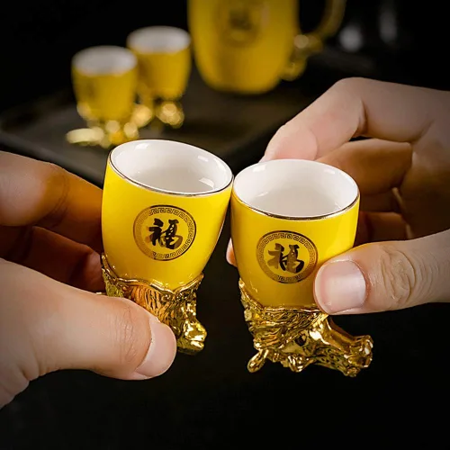 Miniatura 8 de Doce signos del zodíaco chino, 13 piezas, juegos de bar, licor de vino, porcelana, 1 pote y 12 tazas, juego de obras de arte hechas a mano, Rojo