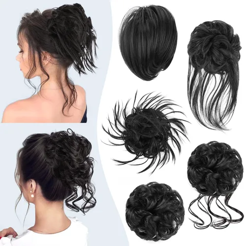 Miniatura 19 de HMD 5 piezas de moño despeinado para mujer, extensión de cabello con banda de goma elástica, extensión de cabello largo y desordenado, accesorios
