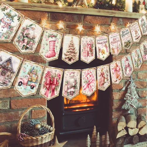 Cartel de Navidad de estilo vintage, decoración rosa de Feliz Navidad con motivo tradicional retro de Papá Noel para interiores, chimenea, oficina